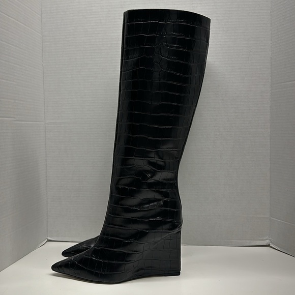 SCHUTZ  Asya Up Crocodile Embossed Leather Wedge High Heel Boot Boots Black 10 - Picture 3 of 10